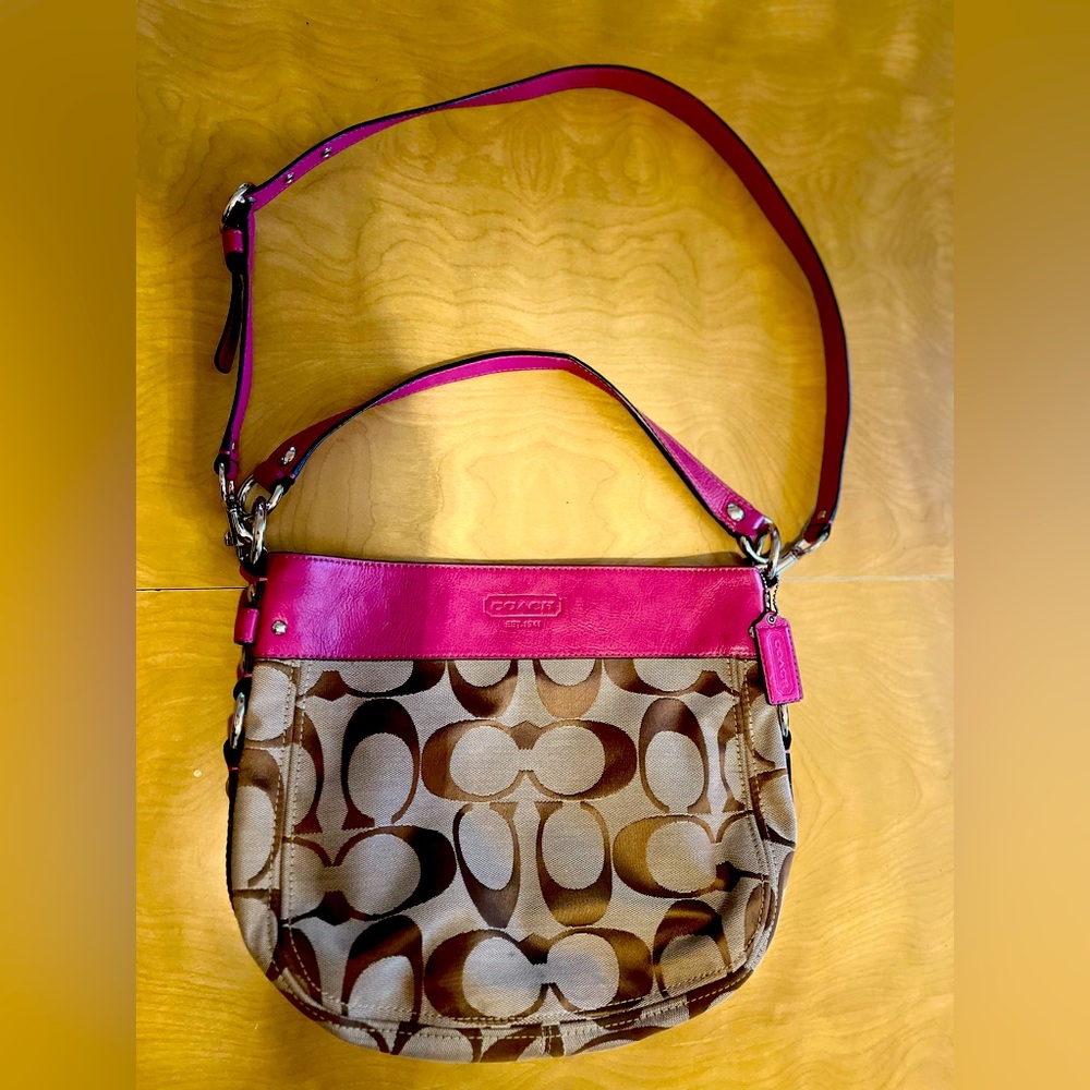 Coach Zoe Convertible Crossbody Hobo Bag - Hot Pink and Tan